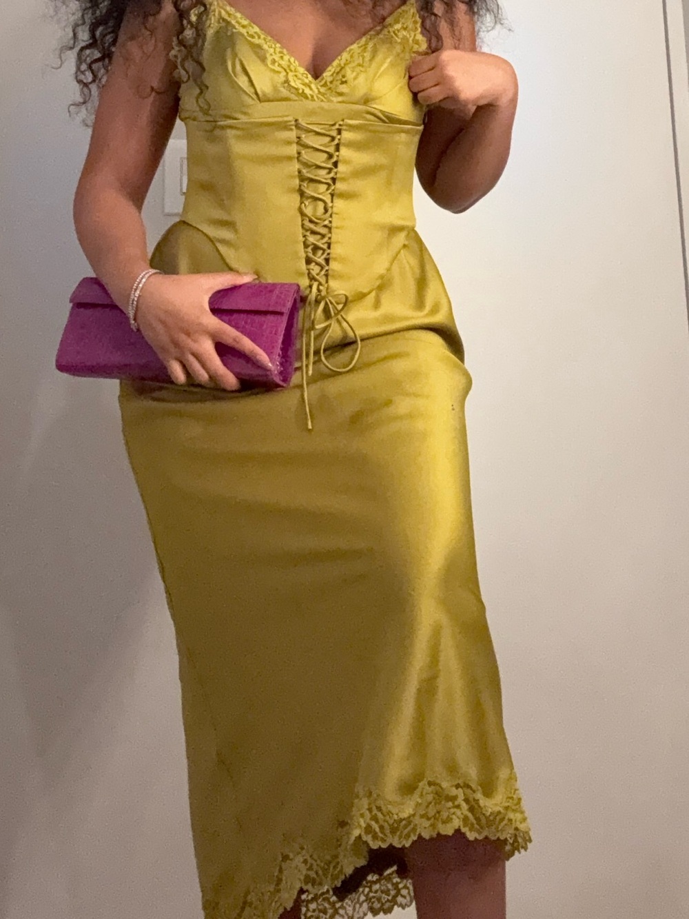 House of CB Satin Lace Corset Dress in Chartreuse Yellow